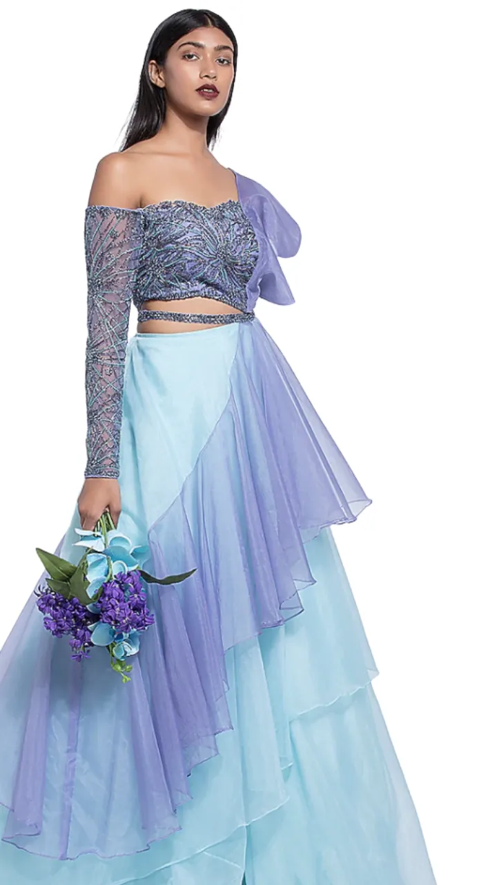 Periwinkle & Powder Blue Embellished Ruffle Lehenga