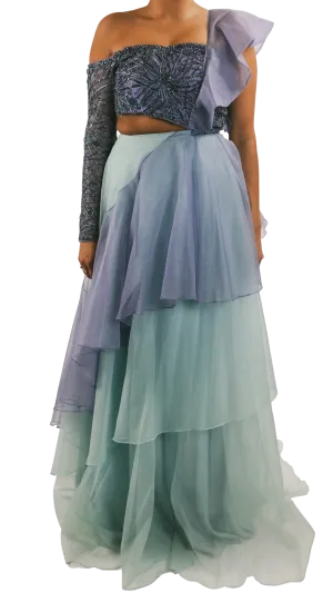 Periwinkle & Powder Blue Embellished Ruffle Lehenga