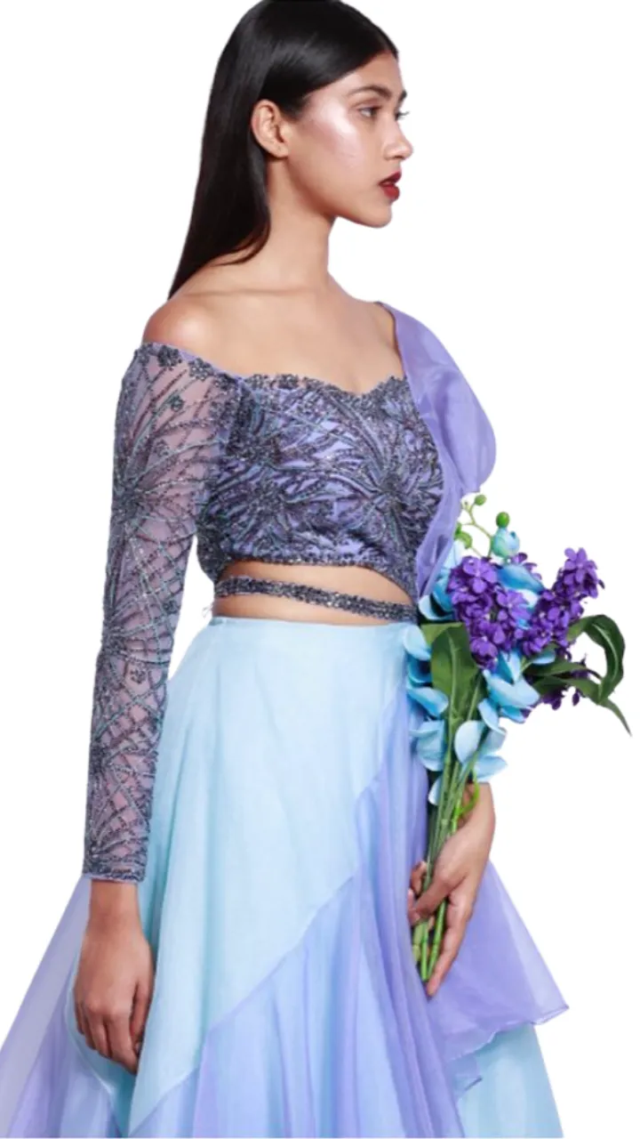 Periwinkle & Powder Blue Embellished Ruffle Lehenga
