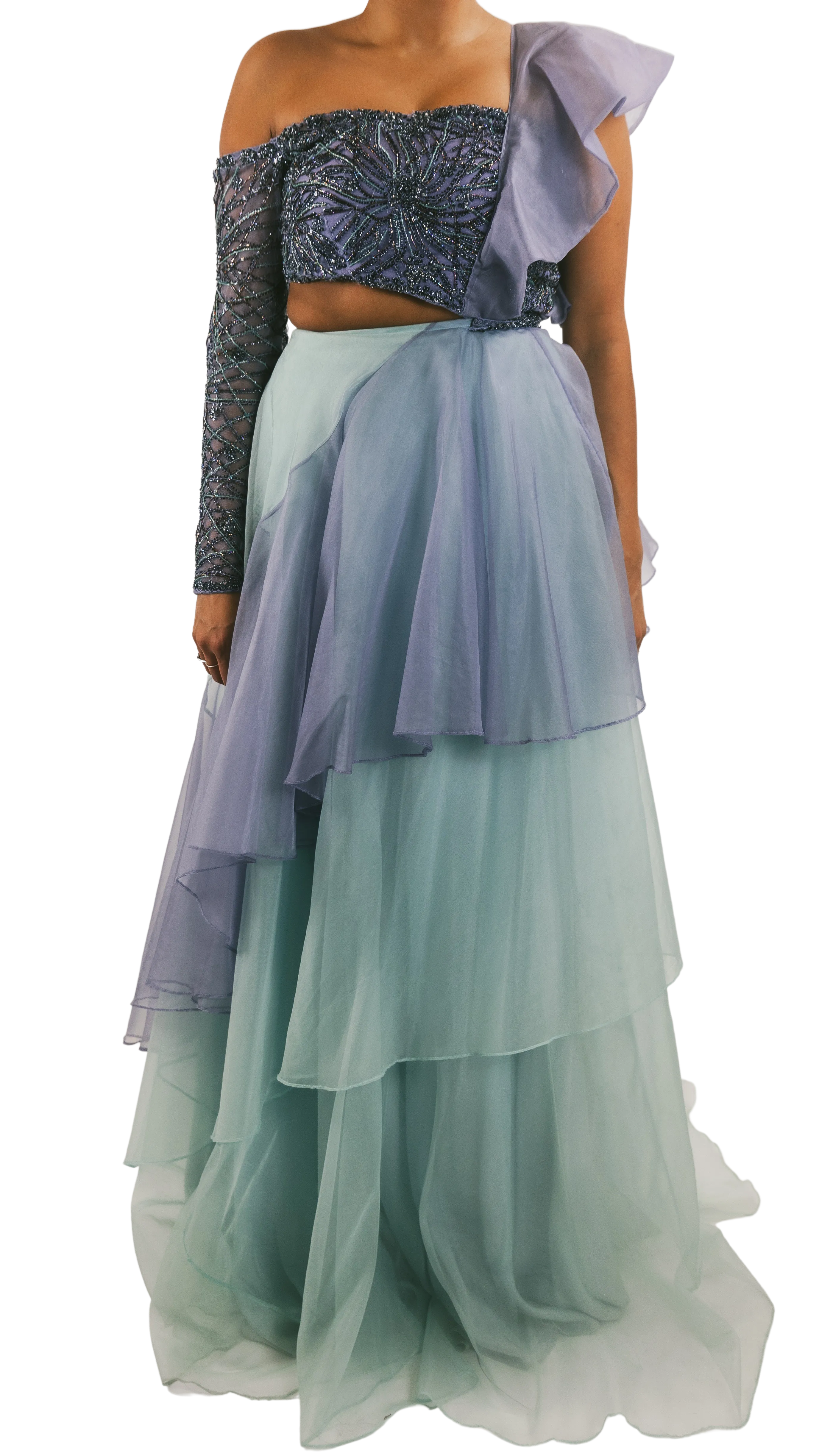 Periwinkle & Powder Blue Embellished Ruffle Lehenga