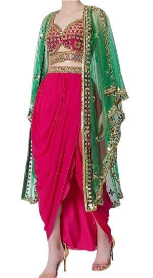 Pink & Green Mirrored Dhoti Set