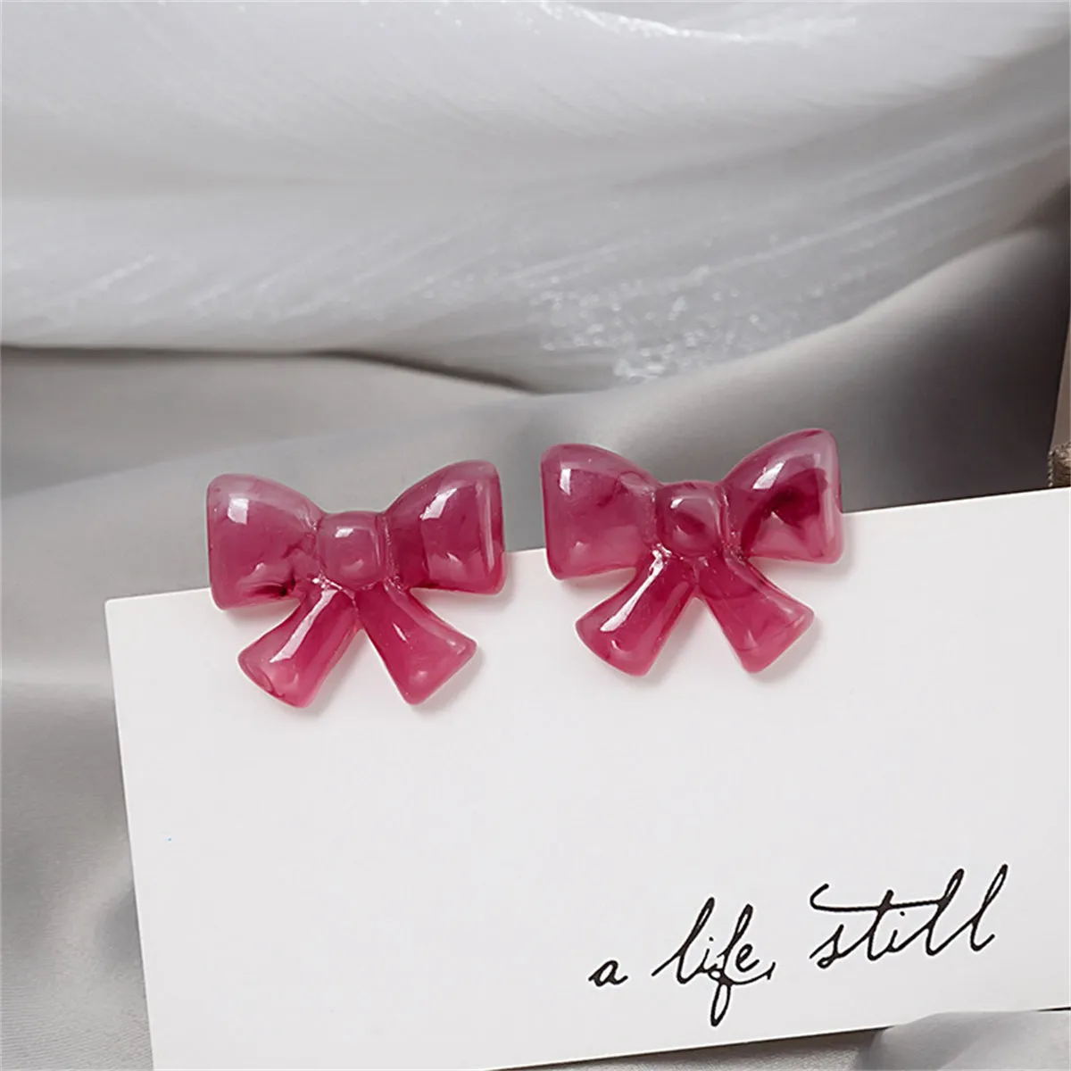 Pink & Silver-Plated Bow Stud Earrings