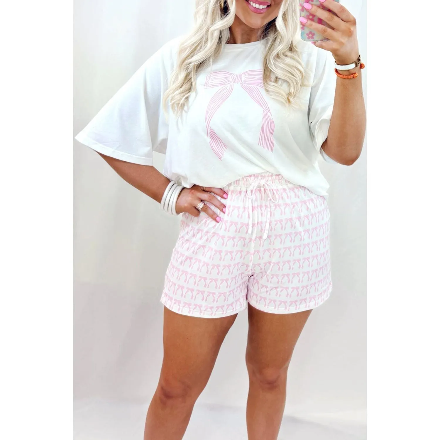 Pink Bow Knot Print Loose Fit Two Piece Casual Lounge Set
