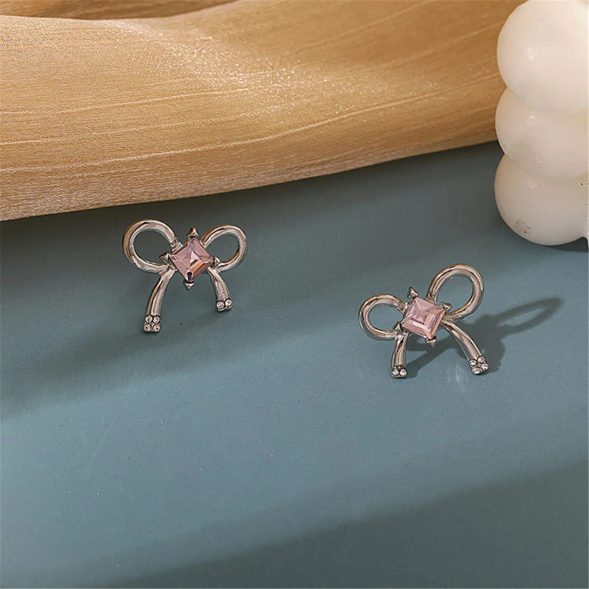 Pink Crystal & Silve-Plated Bow Stud Earrings
