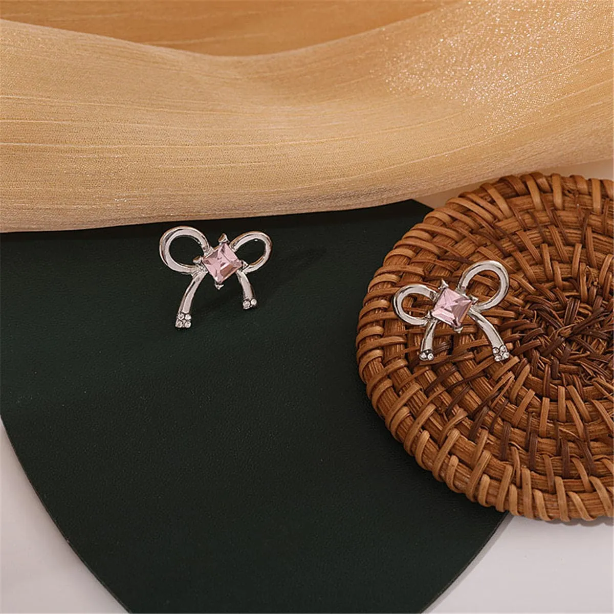 Pink Crystal & Silve-Plated Bow Stud Earrings