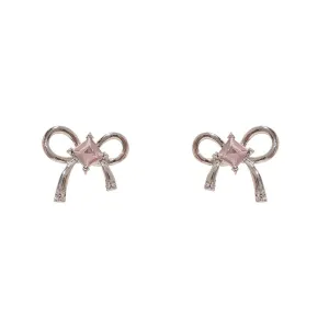 Pink Crystal & Silve-Plated Bow Stud Earrings
