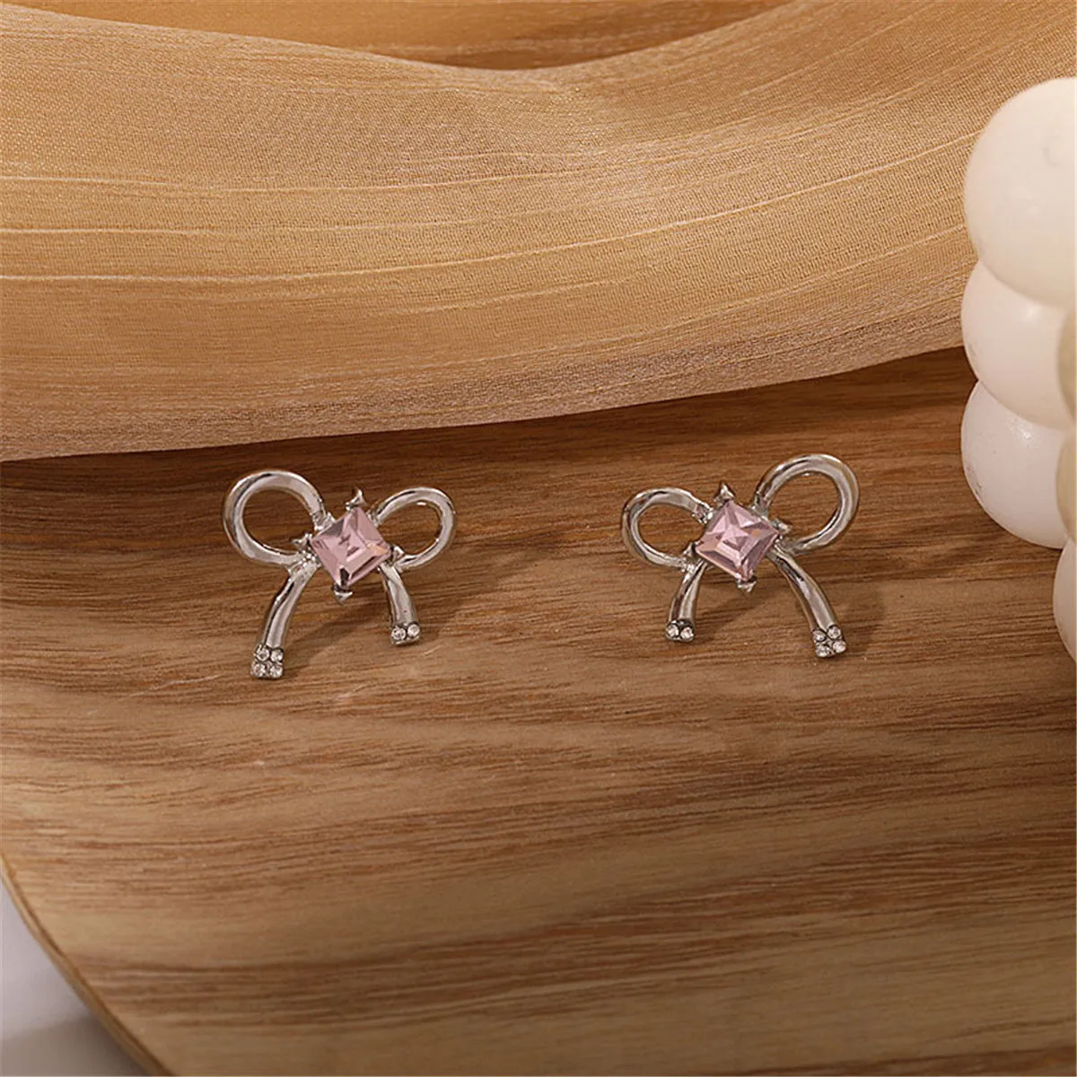 Pink Crystal & Silve-Plated Bow Stud Earrings