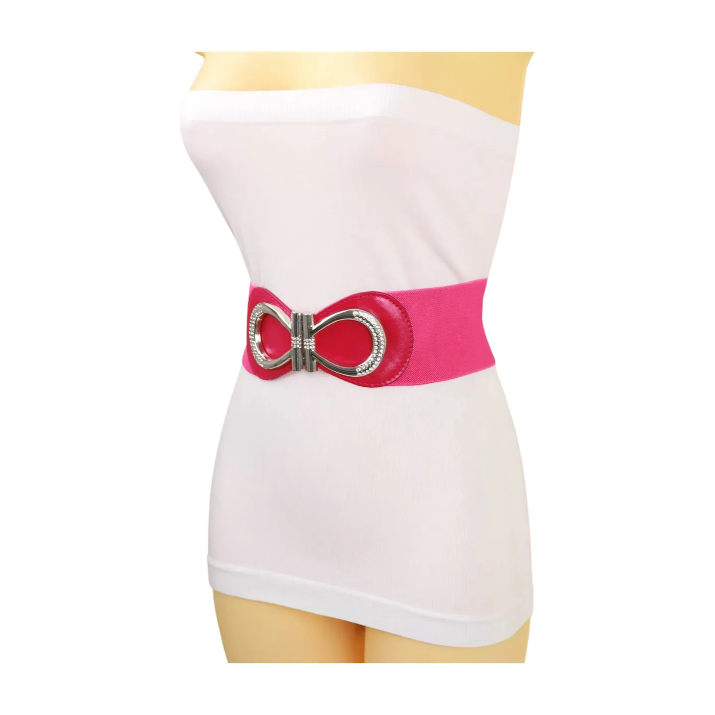 Pink Elastic Belt Silver Metal Bow Buckle S M