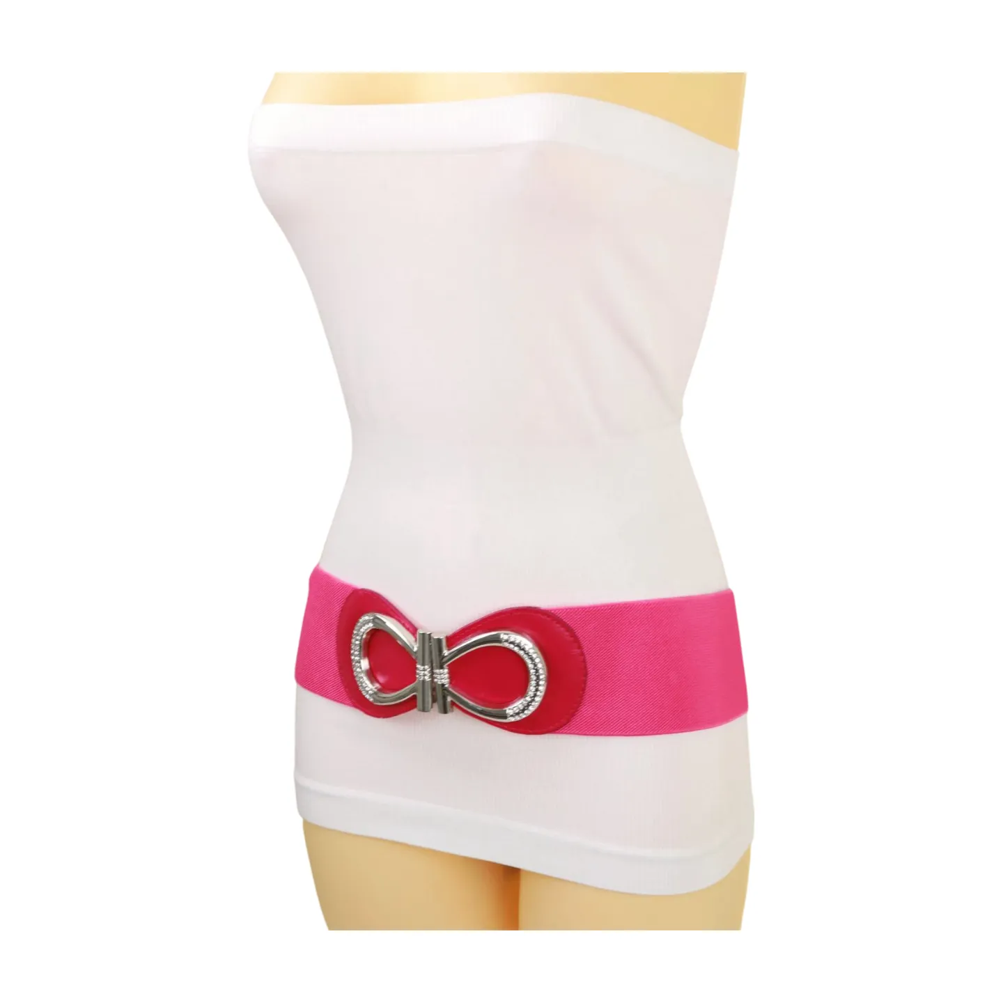 Pink Elastic Belt Silver Metal Bow Buckle S M