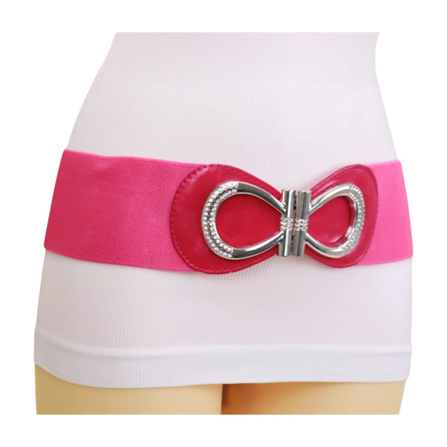 Pink Elastic Belt Silver Metal Bow Buckle S M