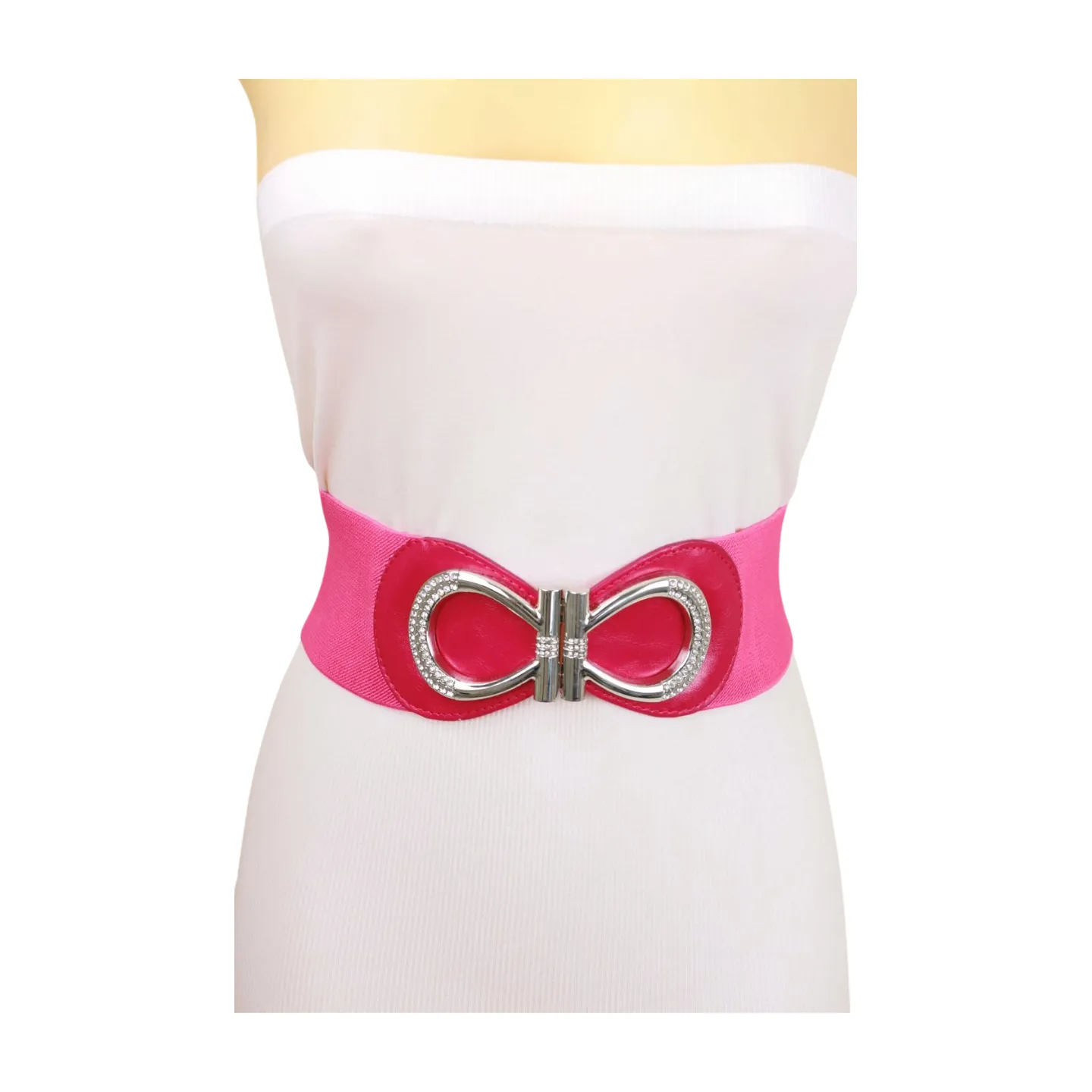 Pink Elastic Belt Silver Metal Bow Buckle S M
