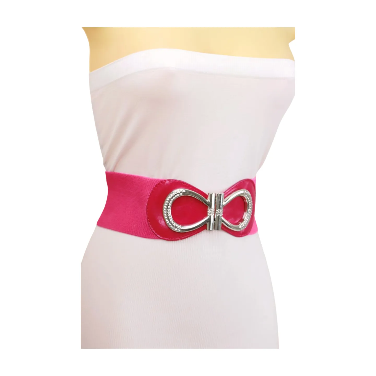 Pink Elastic Belt Silver Metal Bow Buckle S M