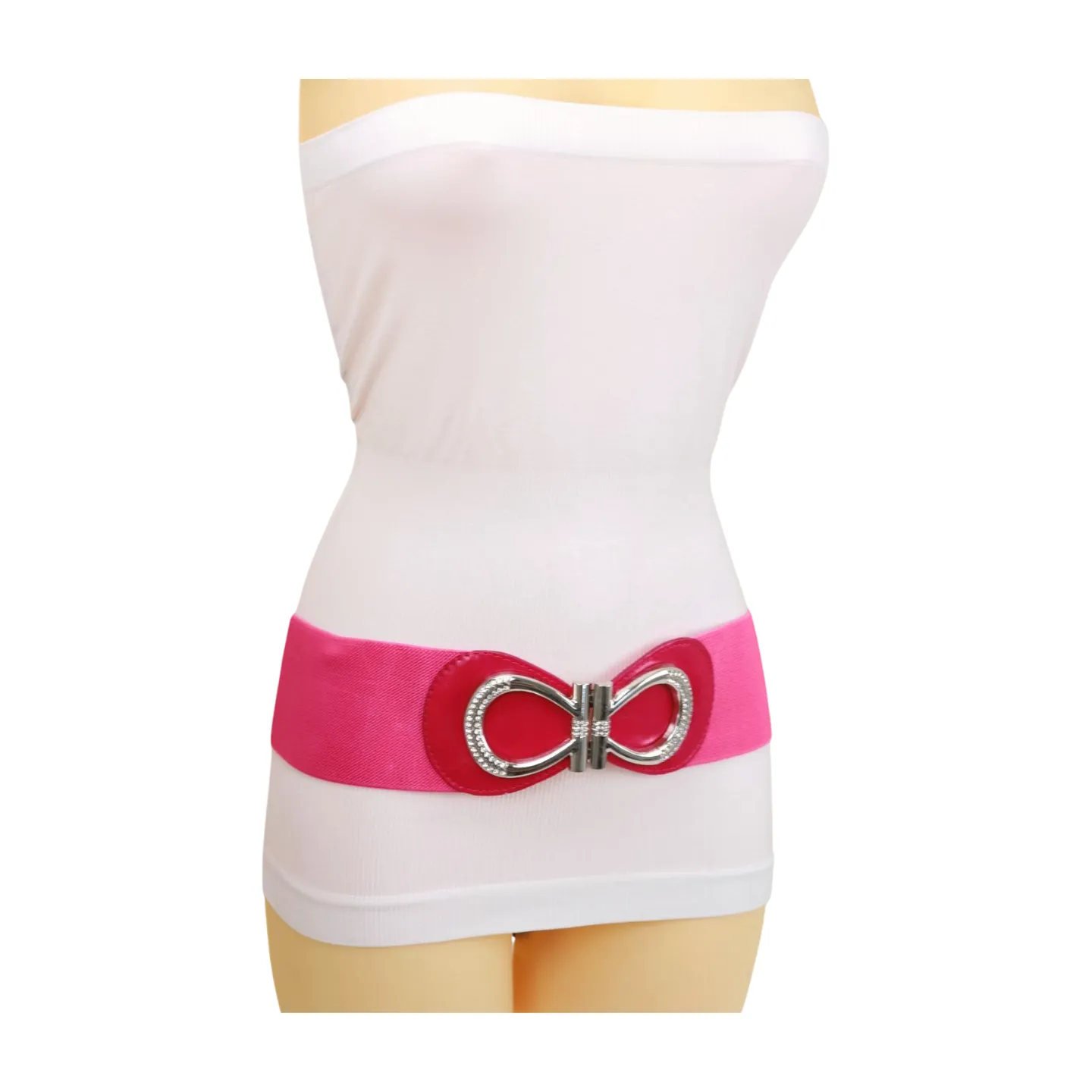 Pink Elastic Belt Silver Metal Bow Buckle S M