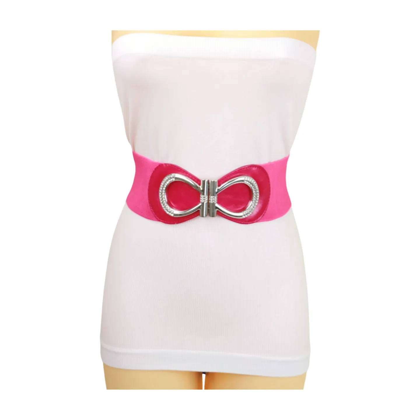 Pink Elastic Belt Silver Metal Bow Buckle S M