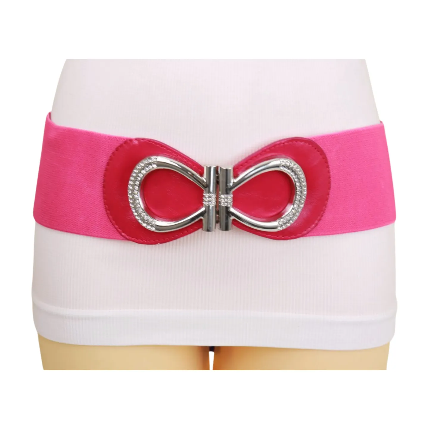 Pink Elastic Belt Silver Metal Bow Buckle S M