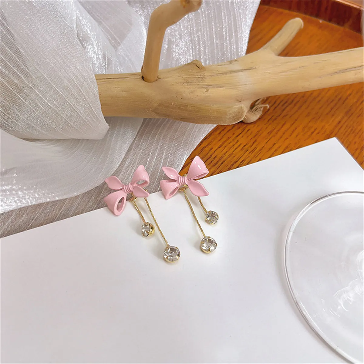 Pink Enamel & Cubic Zirconia 18K Gold-Plated Bow Tassel Ear Jackets