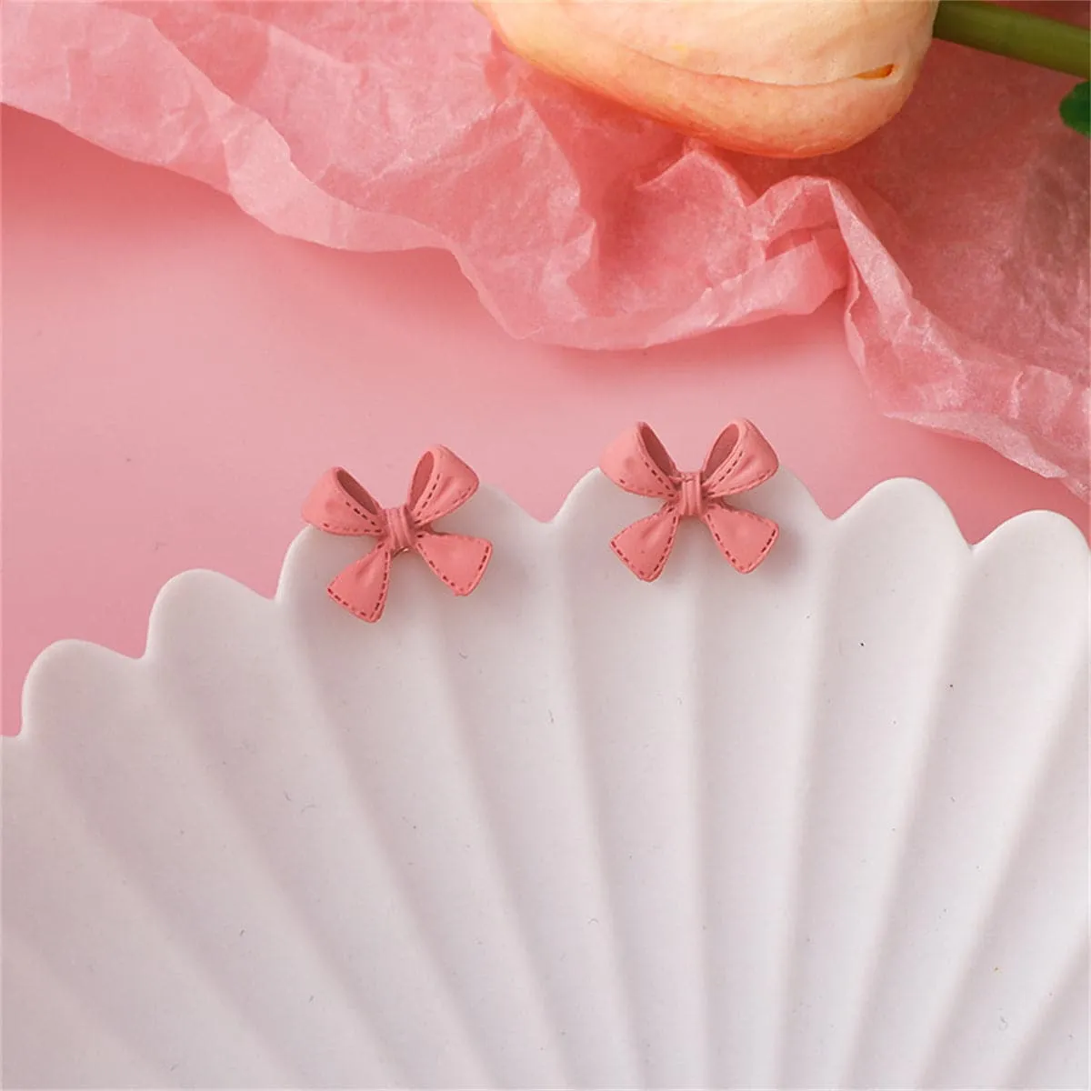Pink Enamel & Silver-Plated Bow Stud Earrings