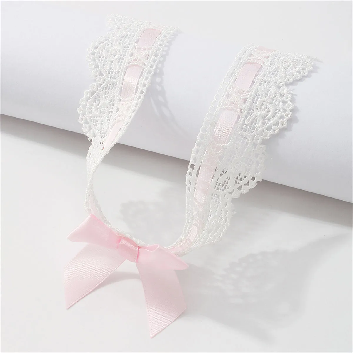 Pink Polyster & Silver-Plated Lace Bow Choker Necklace
