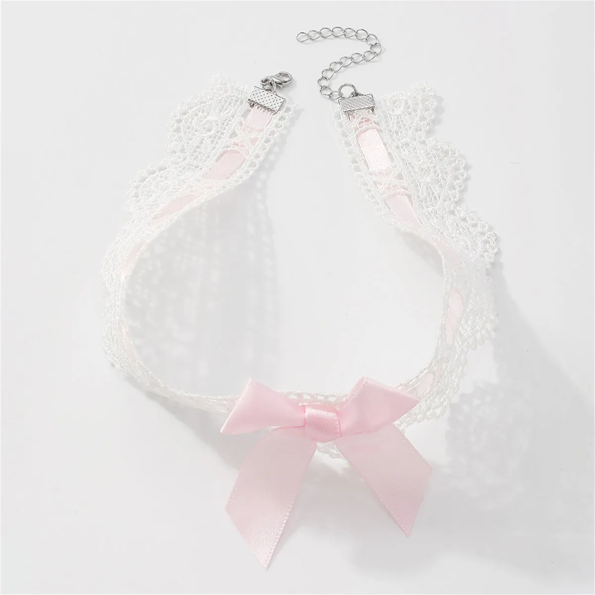 Pink Polyster & Silver-Plated Lace Bow Choker Necklace