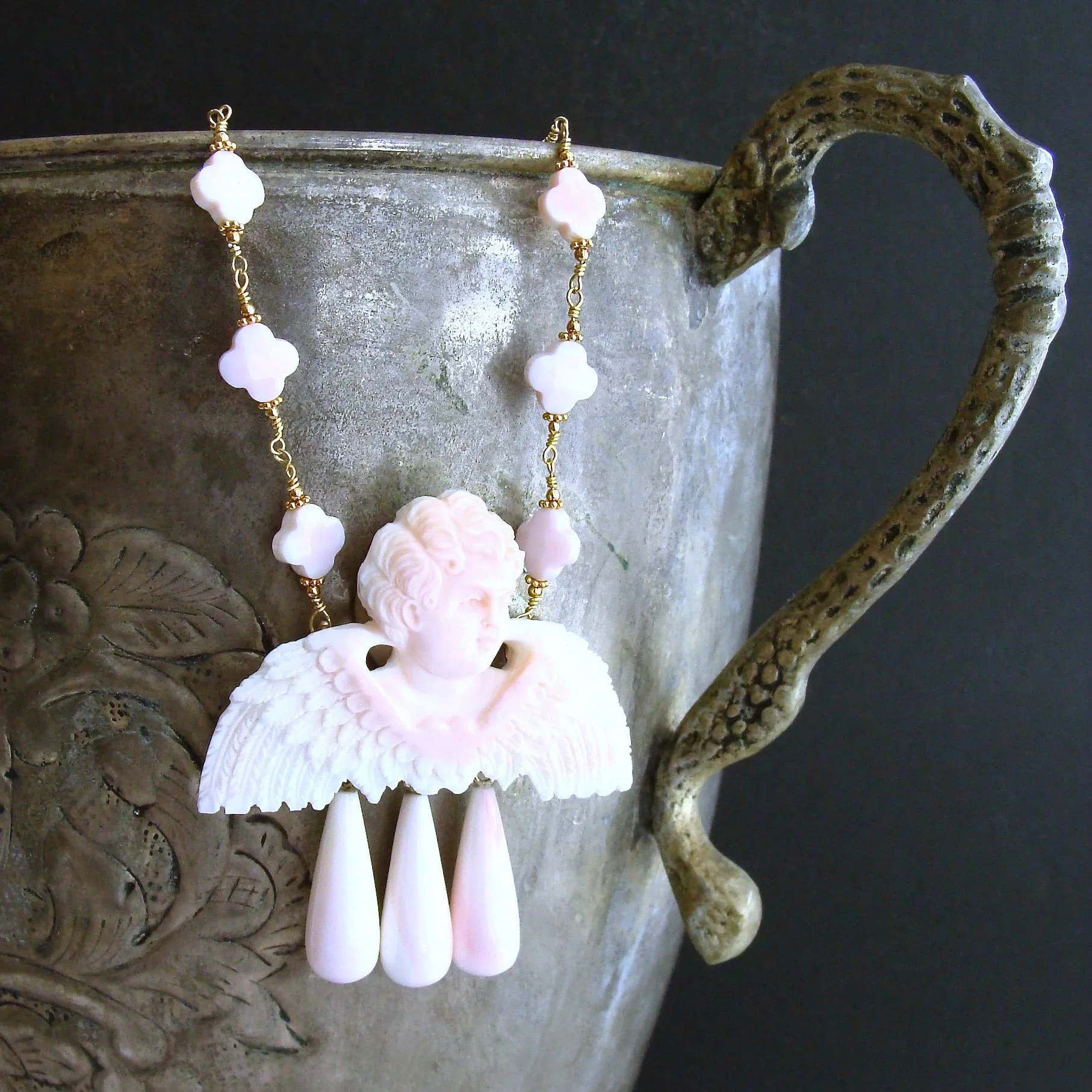 Pink Shell Cherub Angel Necklace - Amorette Necklace