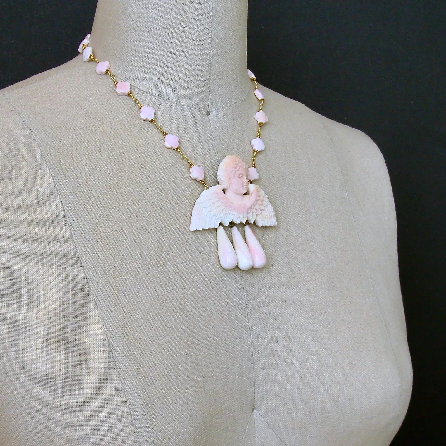 Pink Shell Cherub Angel Necklace - Amorette Necklace