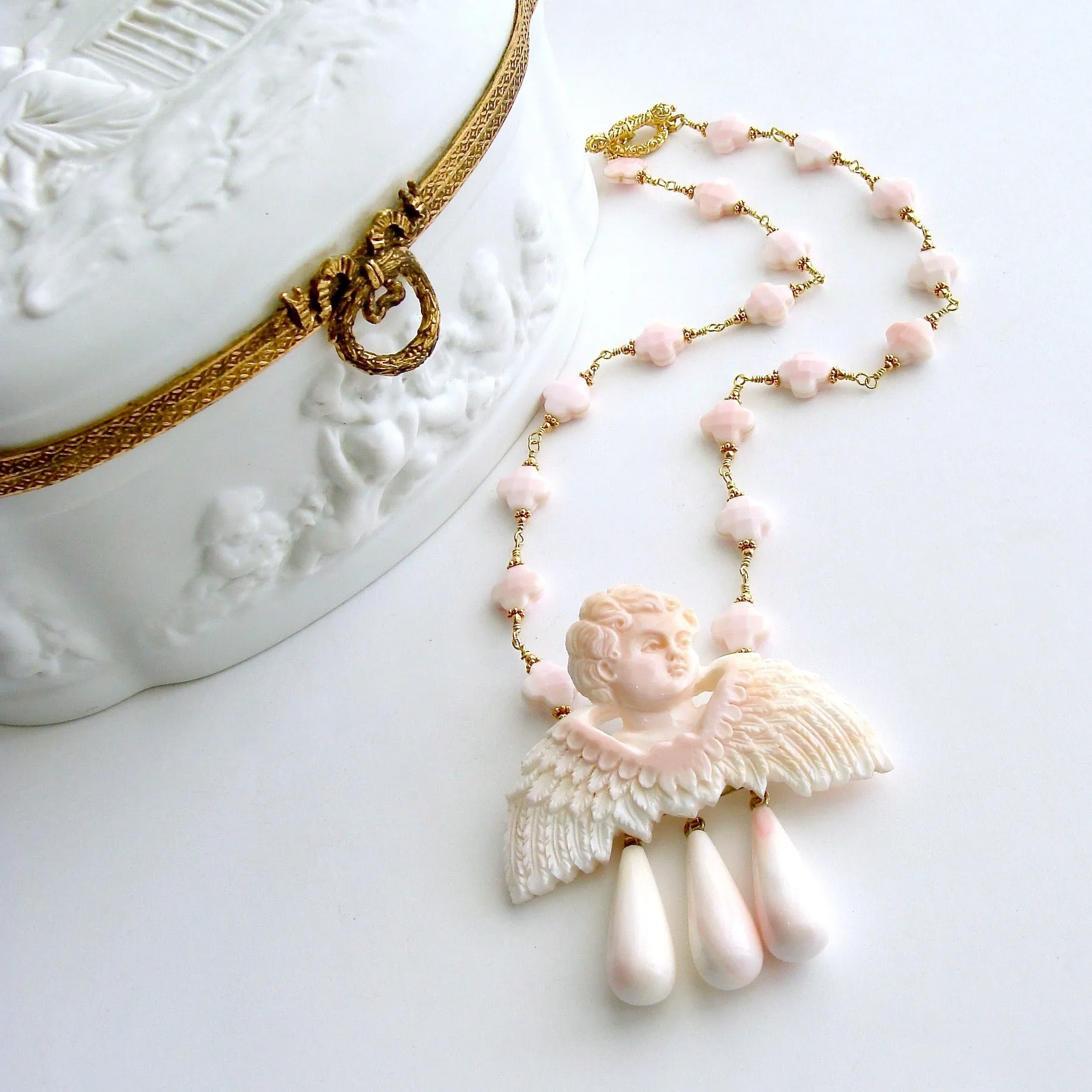 Pink Shell Cherub Angel Necklace - Amorette Necklace