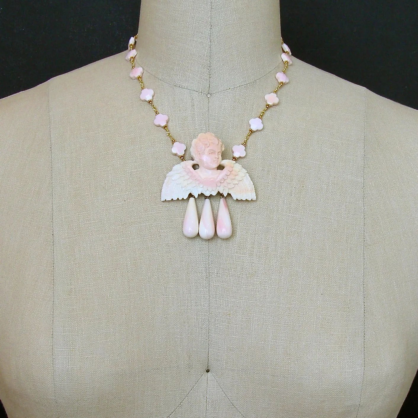 Pink Shell Cherub Angel Necklace - Amorette Necklace