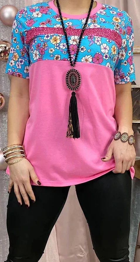 Pink Top with Blue Floral print & sequin stripe