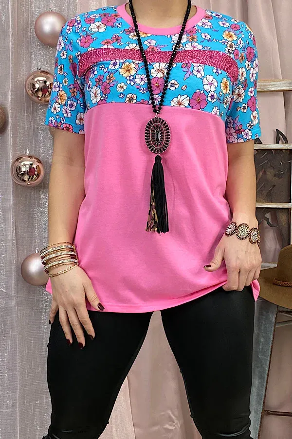 Pink Top with Blue Floral print & sequin stripe