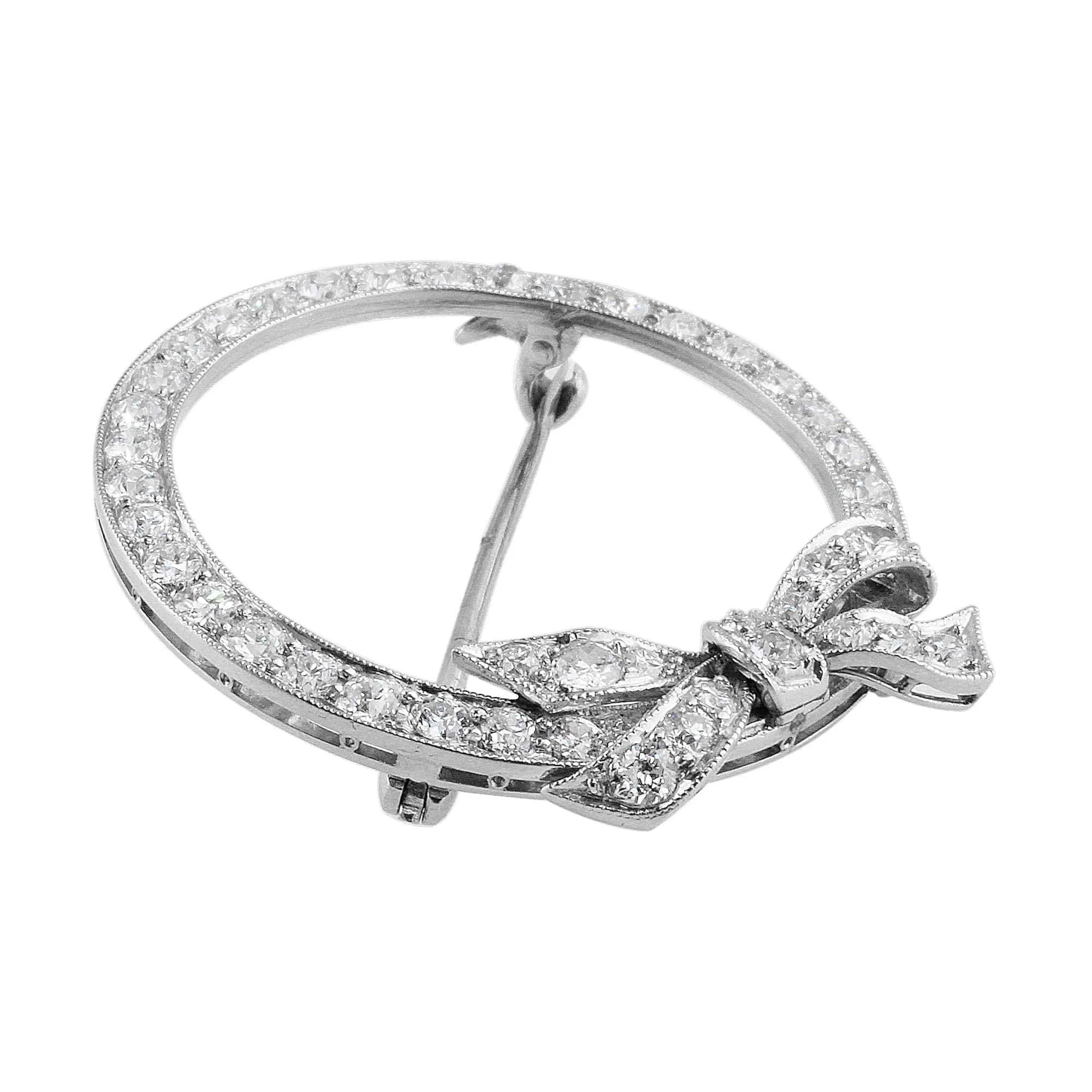 Platinum Estate Diamond Bow Round Brooch