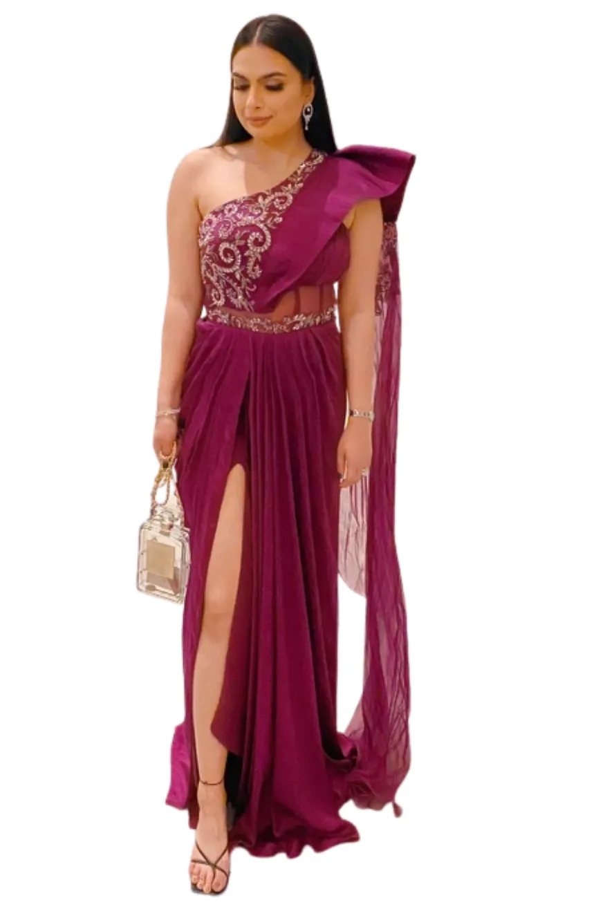 Plum Embellished Sari Gown