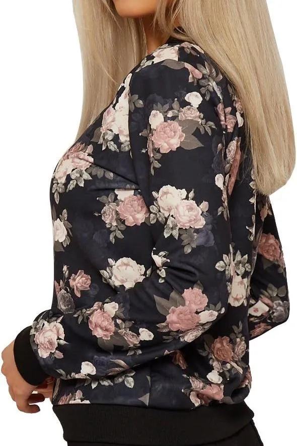 Plus Size Floral Bomber Jacket Rose Print
