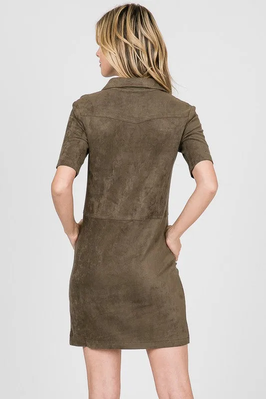 Popover Suede Shirt Dress in Olive