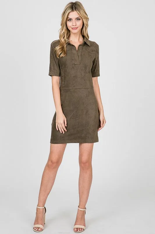 Popover Suede Shirt Dress in Olive
