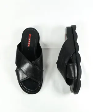 PRADA - Linea Rossa Black Crisscross Raised Leather Slide Sandals - 8.5