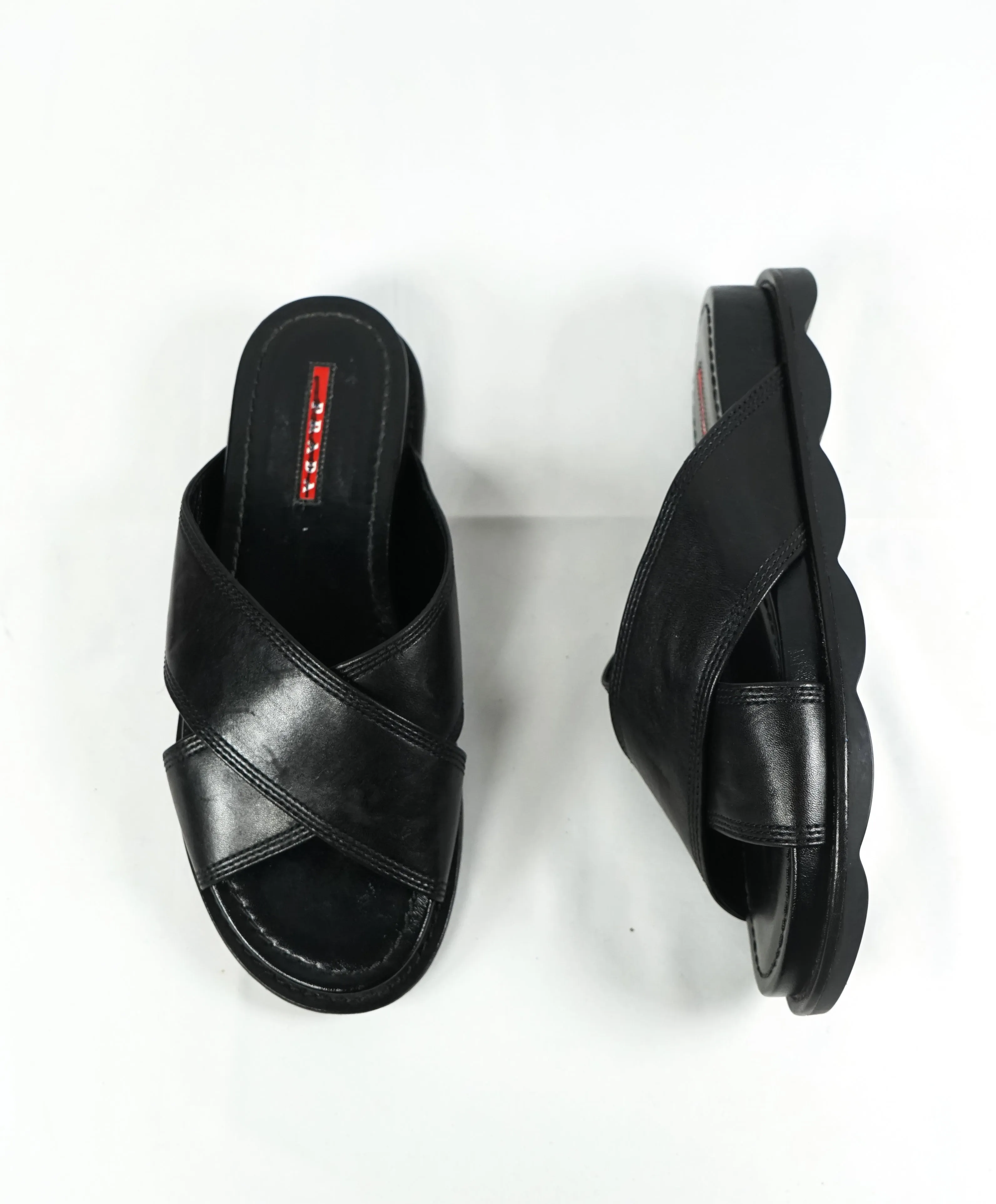 PRADA - Linea Rossa Black Crisscross Raised Leather Slide Sandals - 8.5