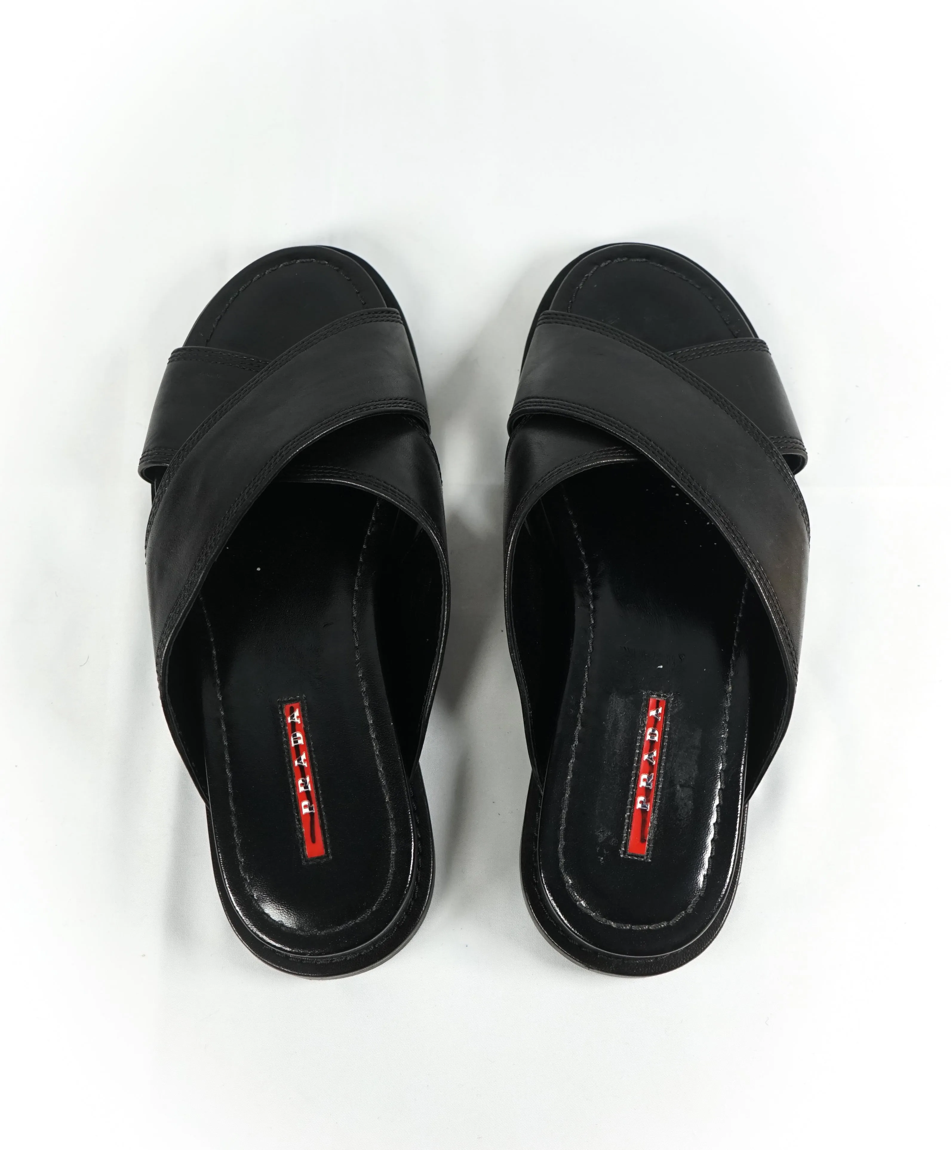 PRADA - Linea Rossa Black Crisscross Raised Leather Slide Sandals - 8.5