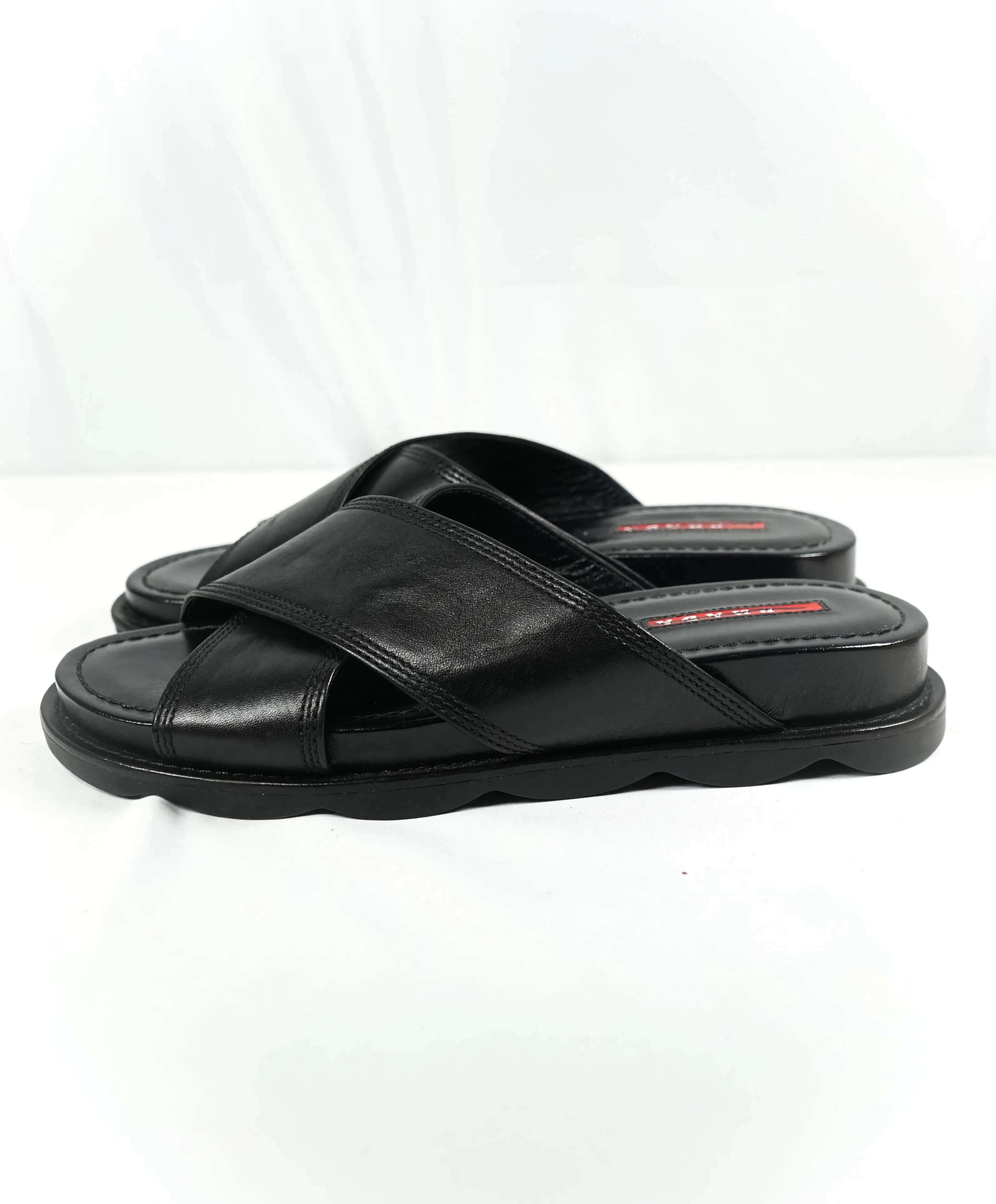 PRADA - Linea Rossa Black Crisscross Raised Leather Slide Sandals - 8.5