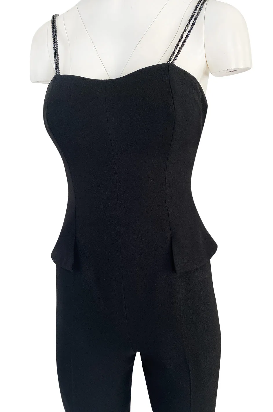 Pre-fall 1997 Christian Dior by Galliano Sleek Flared Leg Black Jumpsuit w Beaded Straps & Hip Peplum