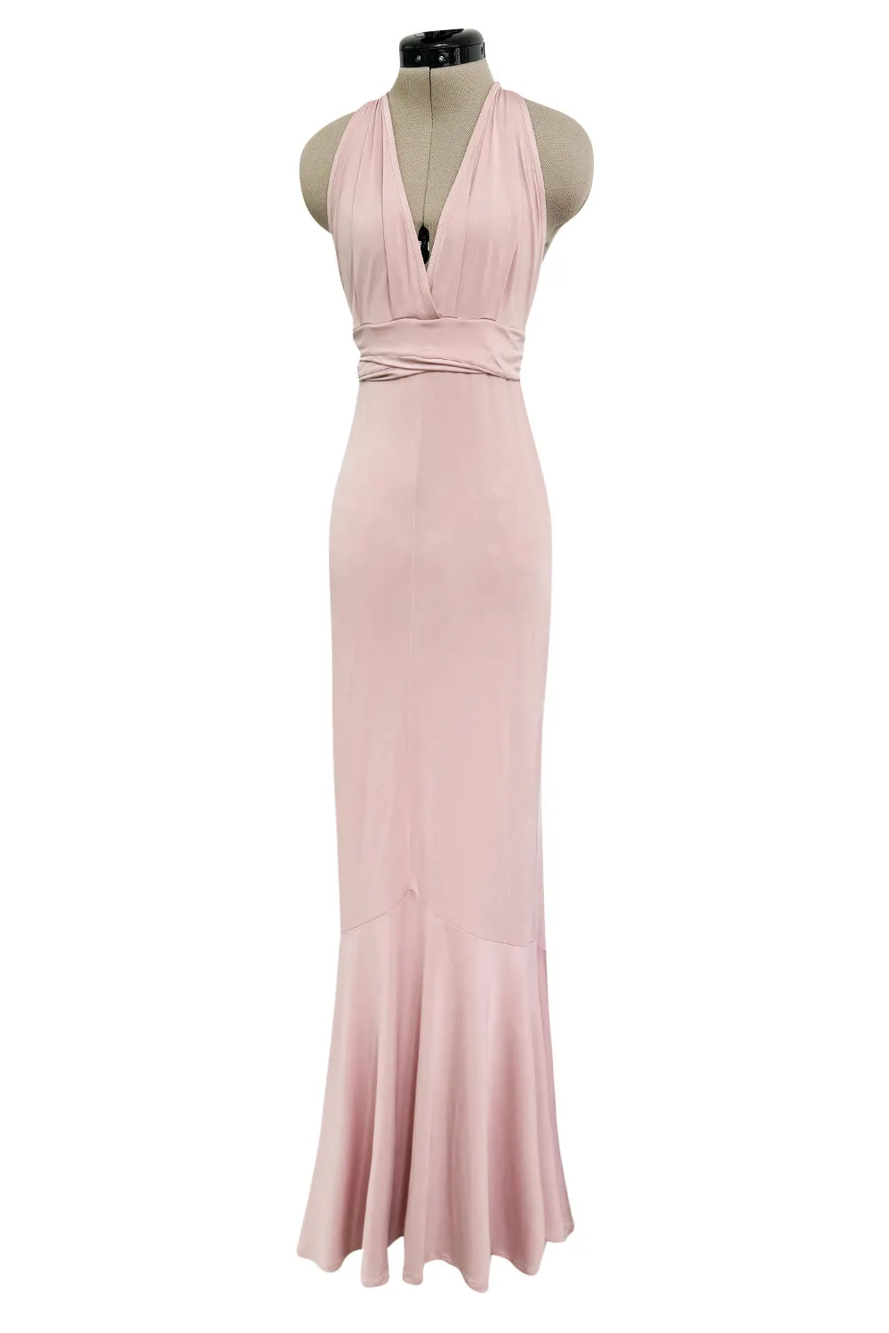 Prettiest 2000s Gianni Versace Pale Dusty Pink Plunge Stretch Jersey Halter Dress w Open Back