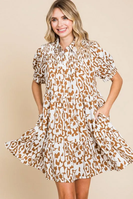 Print Collar Dress with Pockets