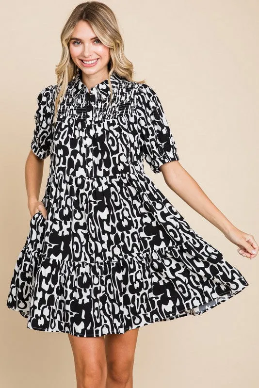 Print Collar Dress with Pockets