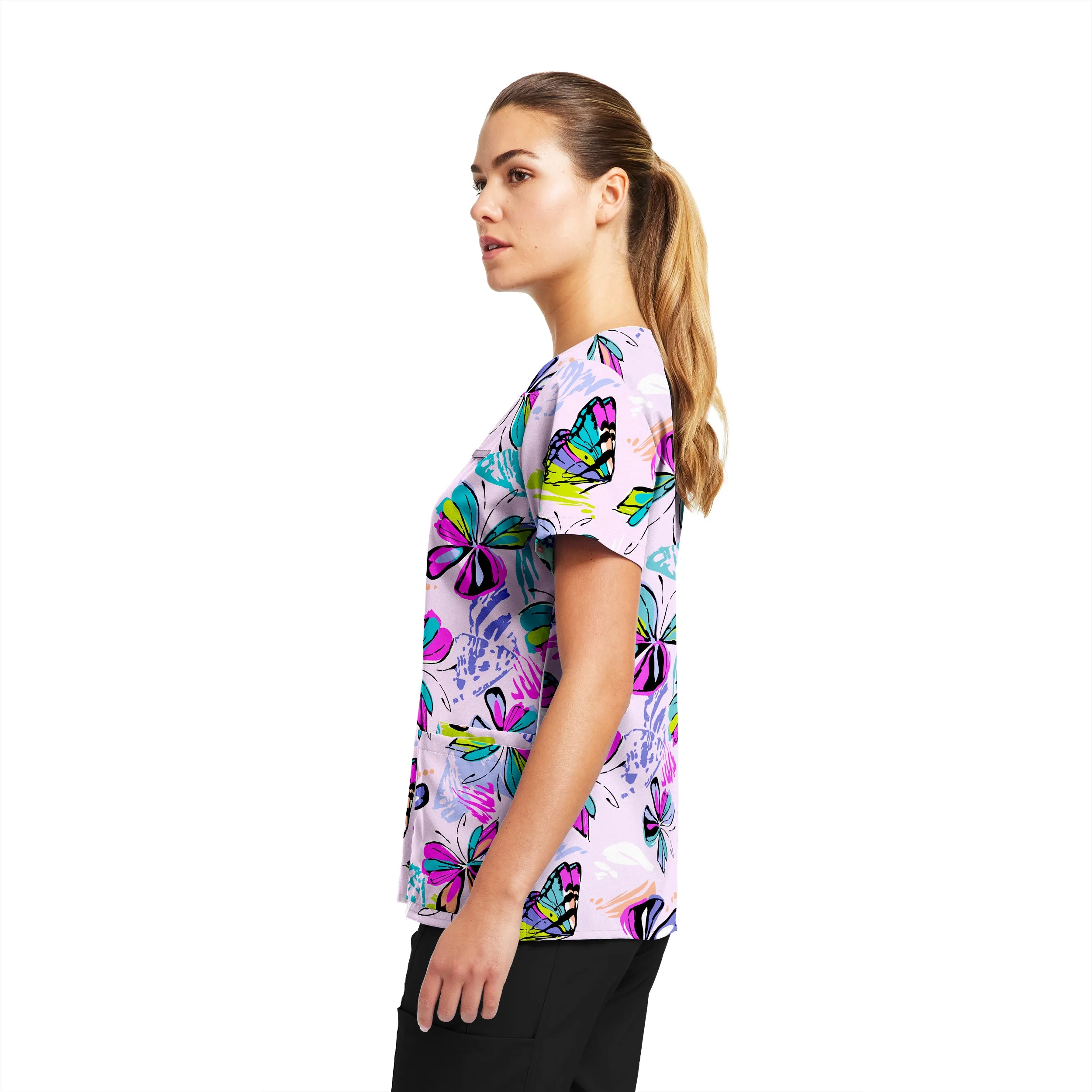 Prints 618BUDE Women's 3 Pocket V Neck Scrub Top Butterfly Delight