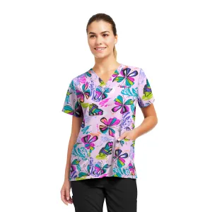 Prints 618BUDE Women's 3 Pocket V Neck Scrub Top Butterfly Delight