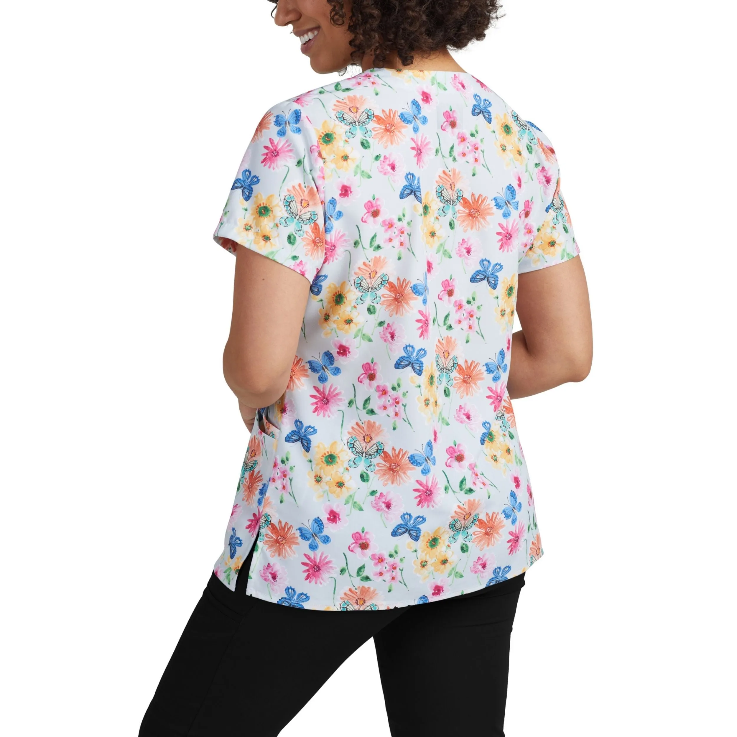 Prints 618GATE Women's 3 Pocket V Neck Scrub Top Garden Tea