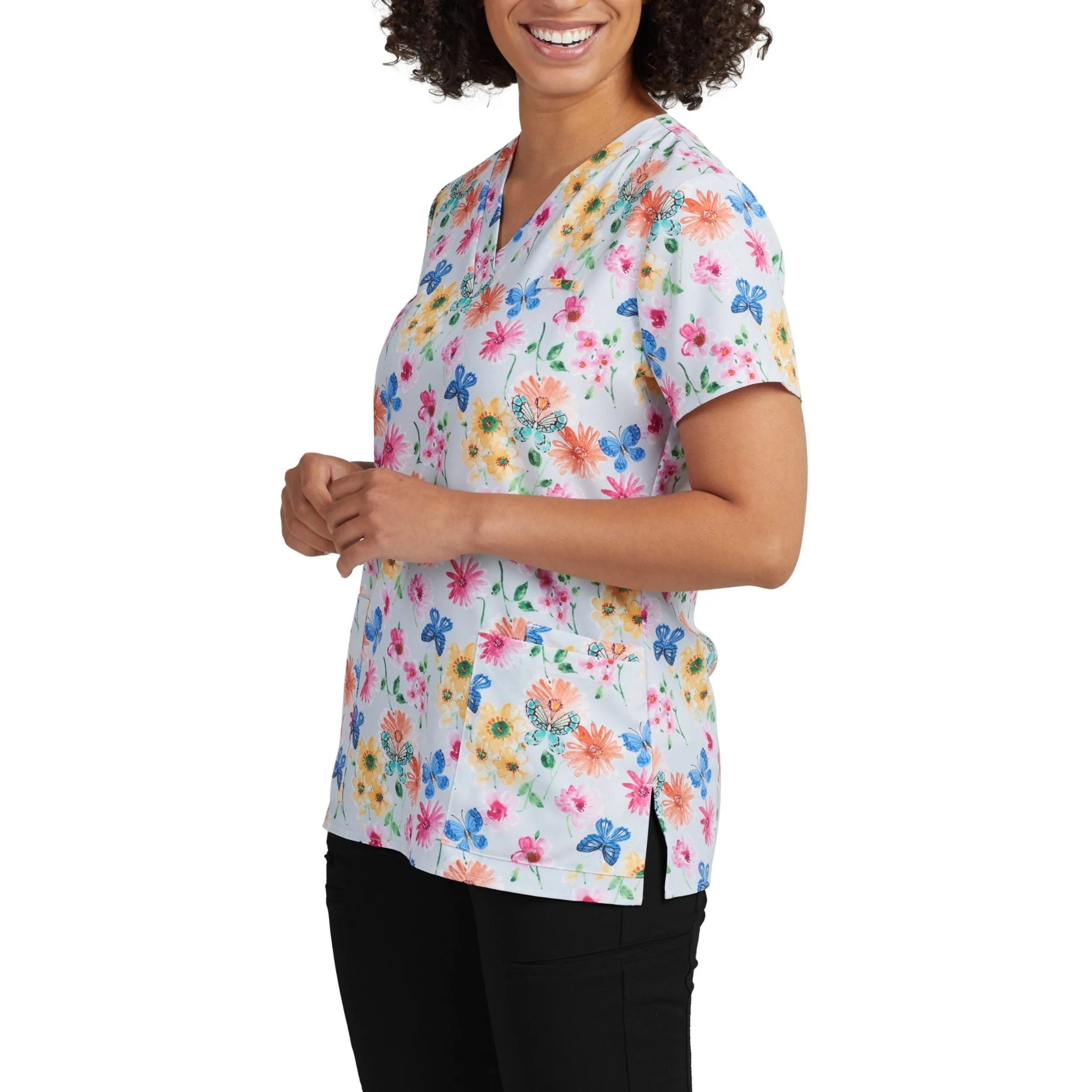 Prints 618GATE Women's 3 Pocket V Neck Scrub Top Garden Tea