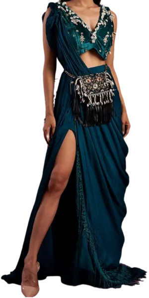 Puka Shell Pre-Draped Sari in Emerald Green & Teal Blue