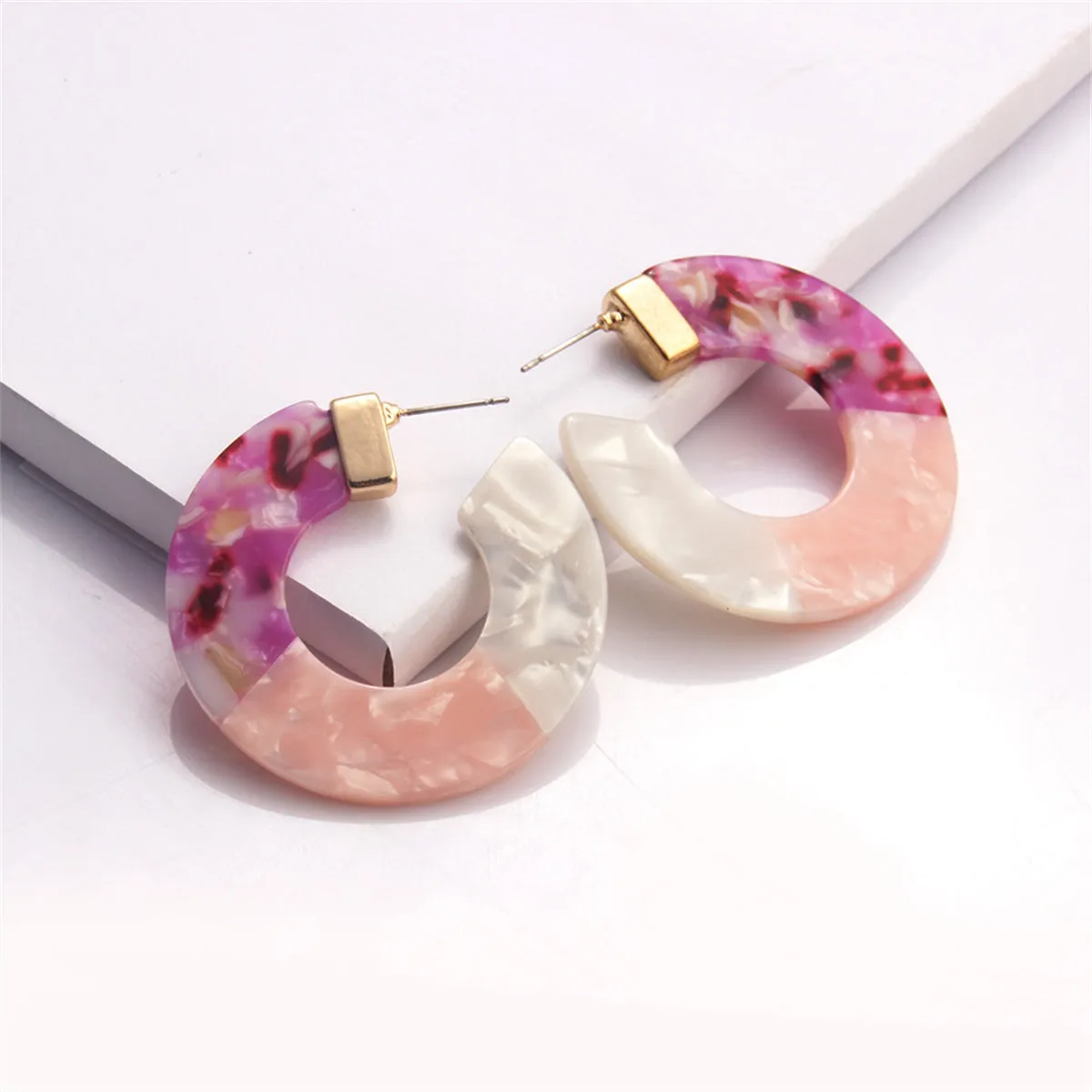 Purple & Pink Tortoise-Print Color Block-Accent Huggie Earrings