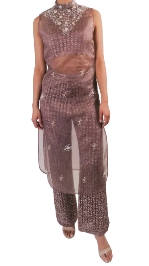 Purple & Silver Hand Knit Pearl Embellished Tunic Set