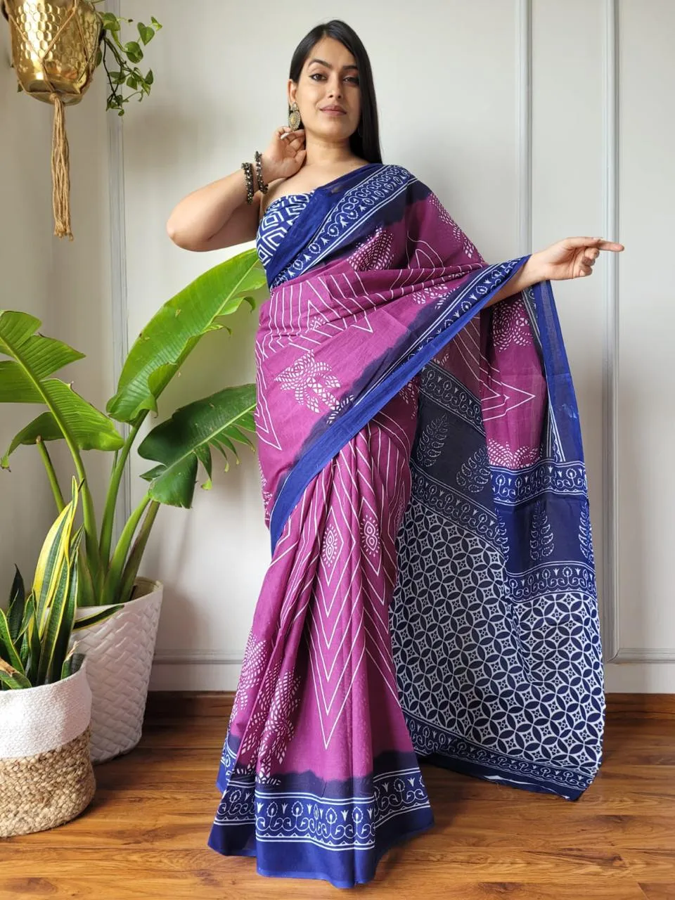 Purple Fun Hand Block Print MulMul Cotton Saree
